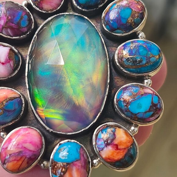 Audra Ring / Sterling Silver GORGEOUS Spiny Oyster Turquoise Opal Daisy Ring - Picture 5 of 13
